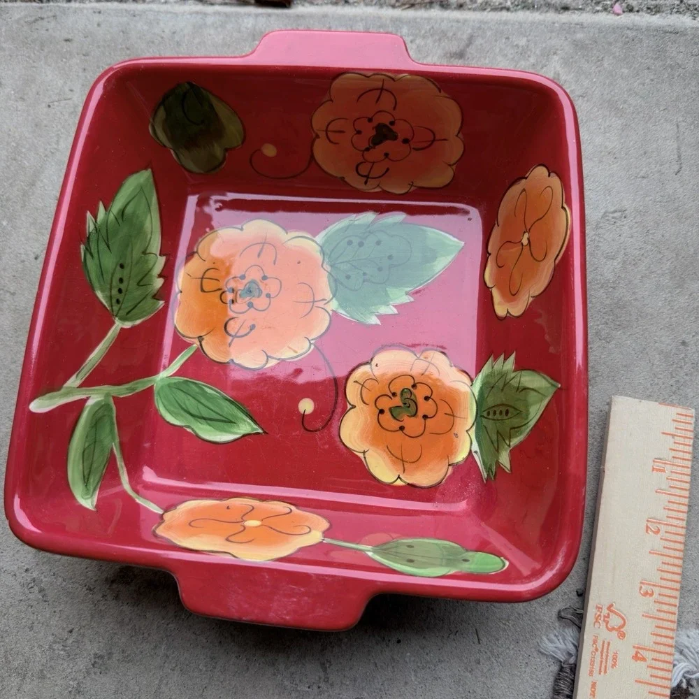 Temp-tations Floral Ceramic Baking Dish Square Red‎ Casserole Dish